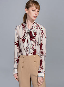 Standing Collar Bowknot Tied Print Blouse