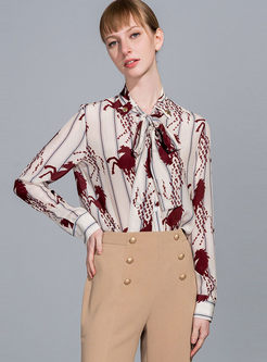 Standing Collar Bowknot Tied Print Blouse