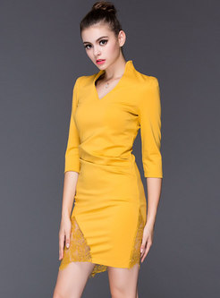 Elegant Lace Patchwork Solid Color Sheath Dress