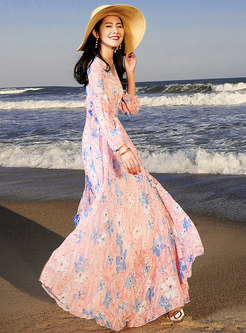 V-neck Print Long Sleeve Beach Maxi Dress
