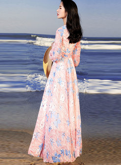 V-neck Print Long Sleeve Beach Maxi Dress