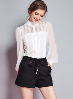 Lace Splicing Stand Color See-through Blouse