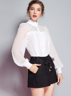 Lace Splicing Stand Color See-through Blouse