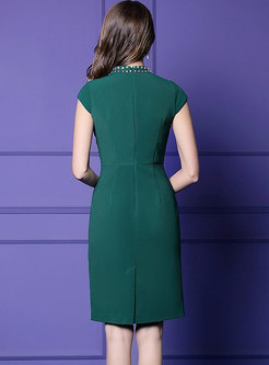 Elegant Solid Color V-neck Drilling Sheath Dress