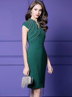 Elegant Solid Color V-neck Drilling Sheath Dress