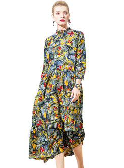 Chic Floral Print Falbala Collar Maxi Dress