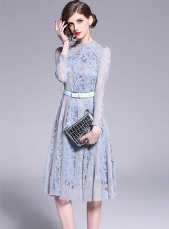 Sweet Long Sleeve Hollow Out Lace Dress