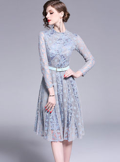 Sweet Long Sleeve Hollow Out Lace Dress