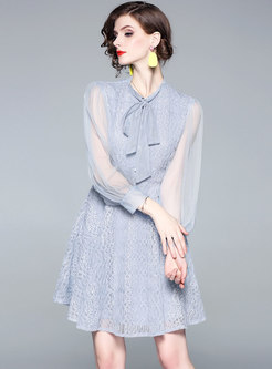 Sexy Mesh Splicing Tie-collar See-though Skater Dress