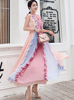 Color-blocked Sleeveless Falbala Chiffon Dress