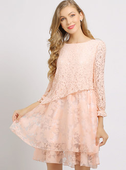 Pink Lace Splicing O-neck Loose Mini Dress
