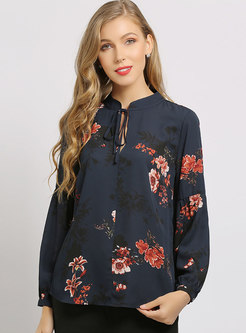 Print Stand Collar Bowknot Pullover Blouse