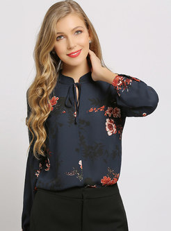 Print Stand Collar Bowknot Pullover Blouse