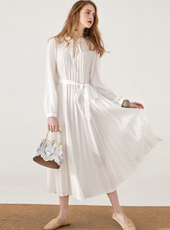 Stylish Tie-collar Belted Pleated Maxi Dress