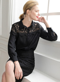 Hollow Out Black Splicing Top & Lace Sheath Skirt