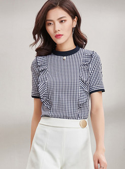 Fashion Checkered Flouncing Short Sleeve Top 