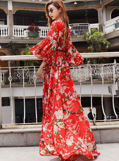 Boho Flare Sleeve Printed Floral Flowy Long Dress