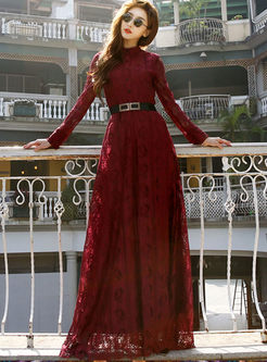 Long Sleeve Lace Belted Long Party Dress