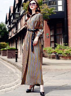 Lapel Single-breasted Striped Maxi Dress