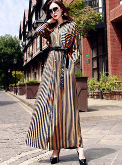 Lapel Single-breasted Striped Maxi Dress