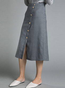 Fashion Single-breasted Plaid Maxi Skirt