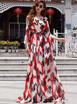 V-neck Geometric Print Big Hem Chiffon Dress