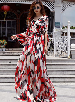 V-neck Geometric Print Big Hem Chiffon Dress