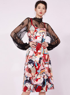 Chiffon Print V-neck High Waist Slip Dress
