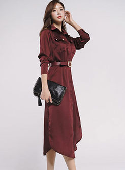Casual Lapel Long Sleeve Belted Slit Dress