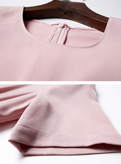 Stylish Pink O-neck High Waist Pleated Dress