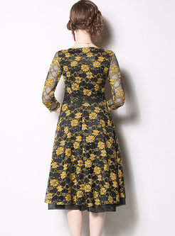 Three Quarters Sleeve Lace Embroidered Dress