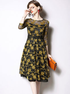 Three Quarters Sleeve Lace Embroidered Dress