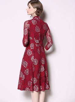 Vintage V-neck Print Lace Big Hem Dress