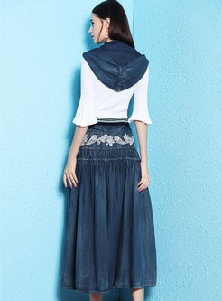Chic Denim Embroidered Hooded Suspender Dress