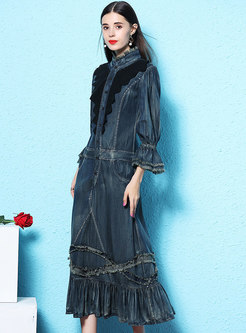 Lace Splicing Stand Collar Denim Maxi Dress