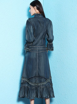 Lace Splicing Stand Collar Denim Maxi Dress
