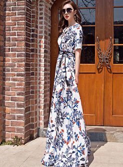Bohemian V-neck Print Slit Maxi Dress