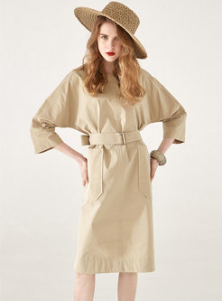 Elegant Khaki Belted Slim Midi Dress