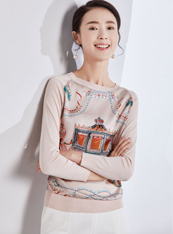 Casual Splicing Print O-neck Knitted Sweater