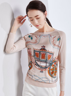 Casual Splicing Print O-neck Knitted Sweater