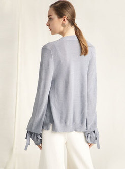 Solid Color Flare Sleeve Bowknot Cardigan