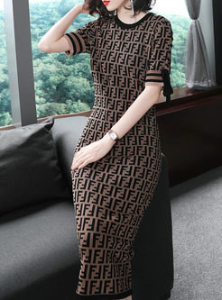 Elegant Short Sleeve Print Knitted Bodycon Dress 