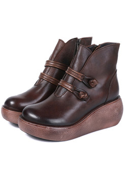 Retro Women Winter Genuine Leather Wedge Heel Boots