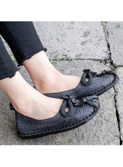 Ethnic Bowknot Round Head Leather Loafers
