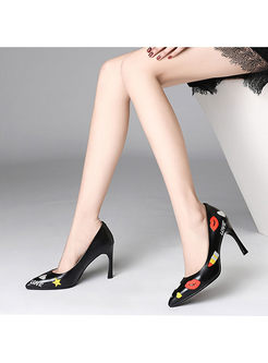 Pointed Head Print High Heel Leather Shoes