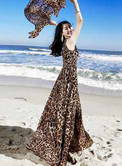 Sexy Leopard Floral Print Slim Sleeveless Dress 
