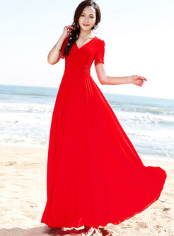 Bohemia V-neck Red Chiffon Falbala Maxi Dress