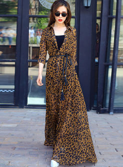 Lapel Single-breasted Waist Leopard Dress