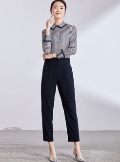 Striped Lapel Single-breasted Slim Blouse
