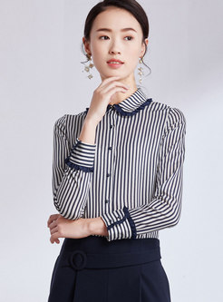 Striped Lapel Single-breasted Slim Blouse